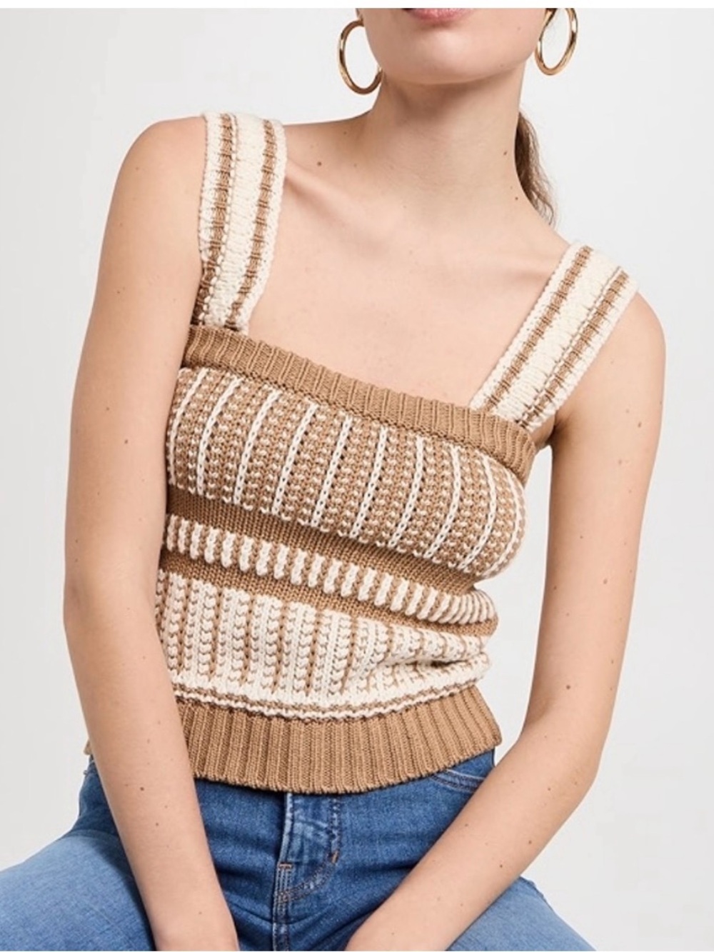Veronica Beard Voya Stripe Knit Tank Top Khaki White Size S